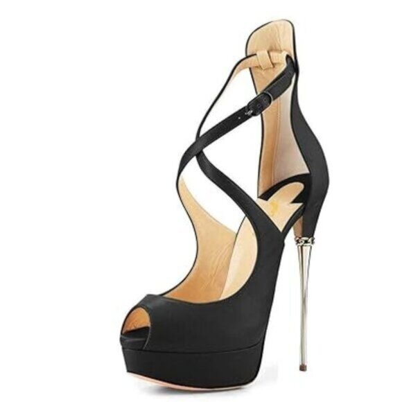 FSJ Black Women Gorgeous Peep Toe Platform Pumps Cross Strap High Heels Sandals - Picture 1 of 8
